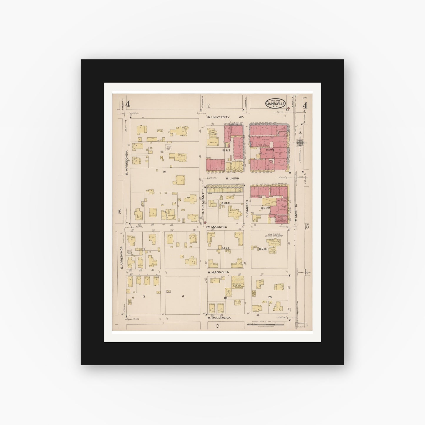 Old map wall art mockup — black gallery frame with white mat — Sanborn Fire Insurance Map from Gainesville, Alachua County, Florida (1922), Sheet #0004