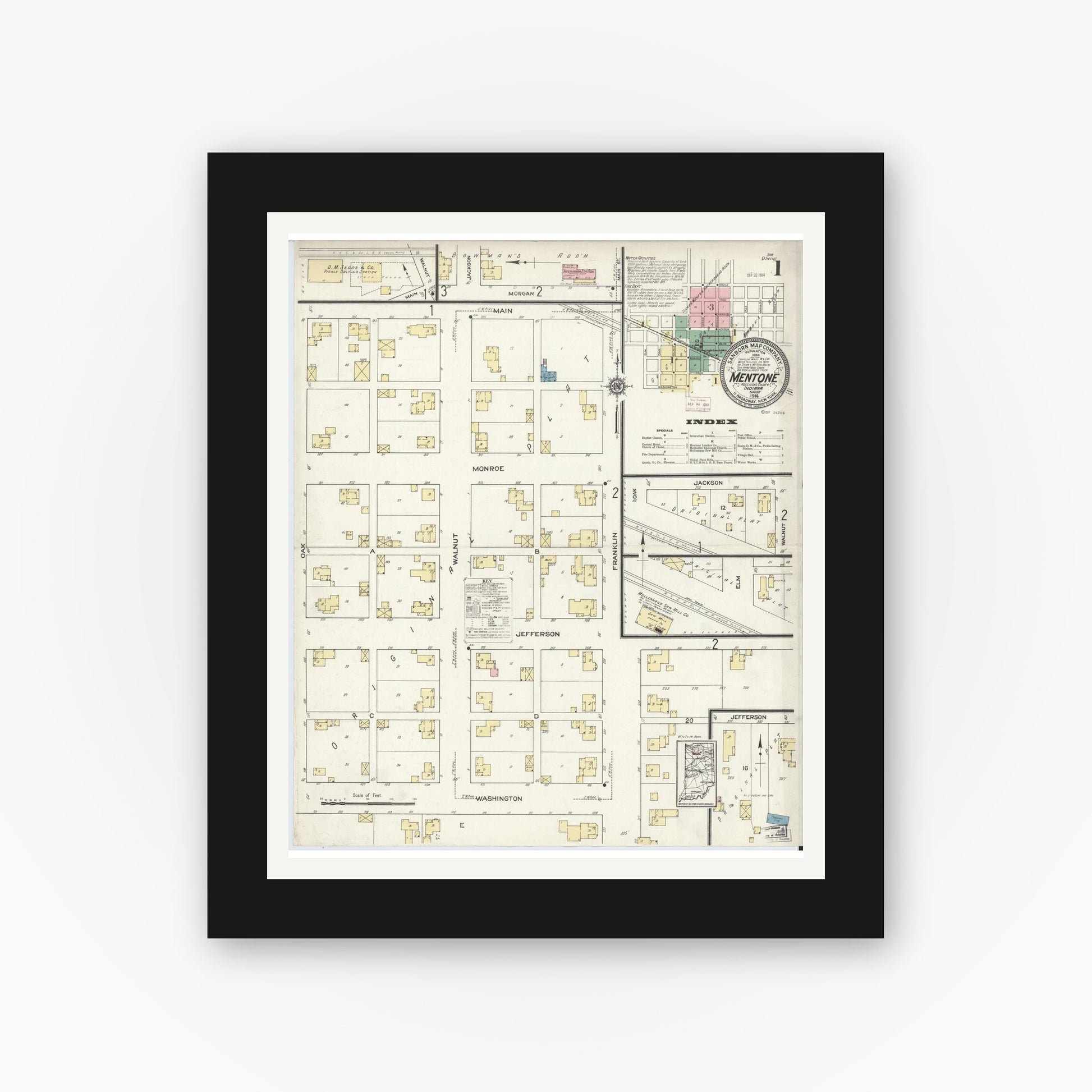Old map wall art mockup — black gallery frame with white mat — Sanborn Fire Insurance Map from Mentone, Kosciusko County, Indiana (1914) - Complete Map Set