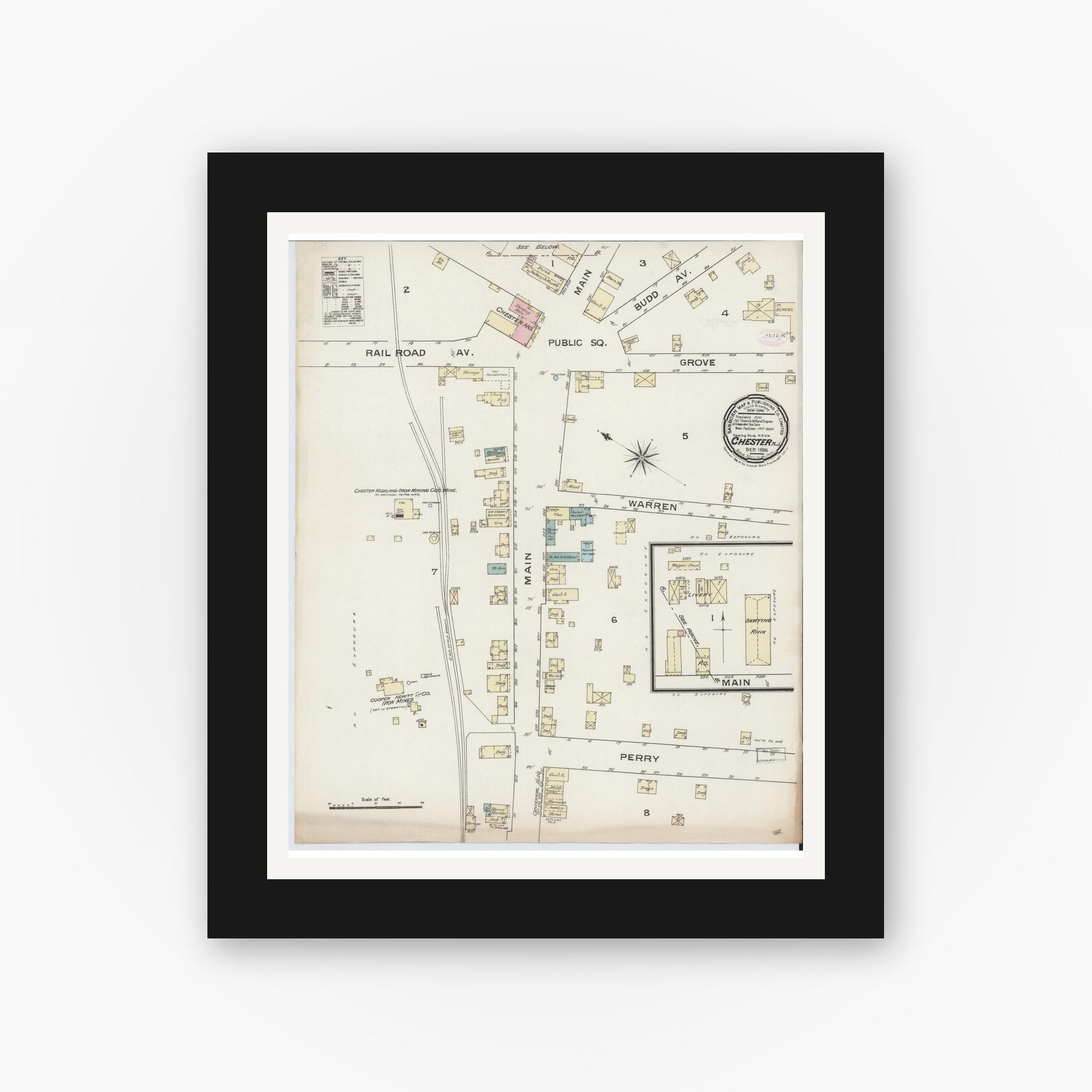 Old map wall art mockup — black gallery frame with white mat — Sanborn Fire Insurance Map from Chester, Morris County, New Jersey (1886), Sheet #0001