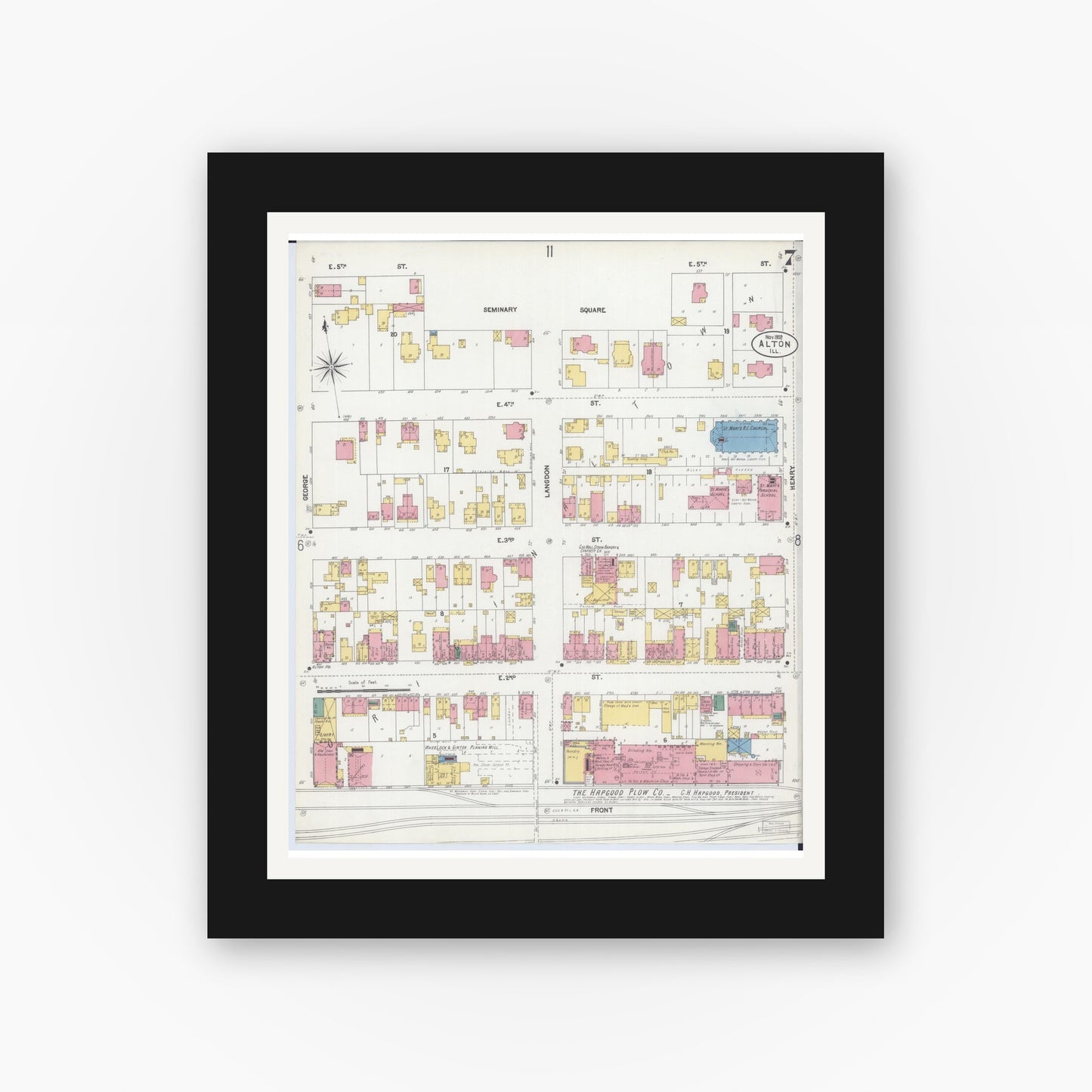 Old map wall art mockup — black gallery frame with white mat — Sanborn Fire Insurance Map from Alton, Madison County, Illinois (1902), Sheet #0007
