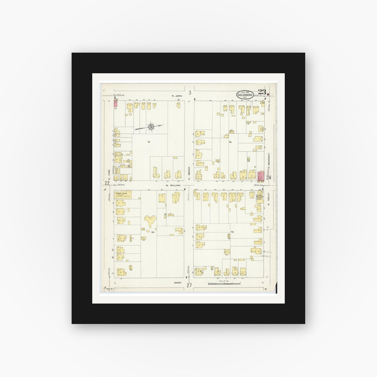 Old map wall art mockup — black gallery frame with white mat — Sanborn Fire Insurance Map from Goldsboro, Wayne County, North Carolina (1913), Sheet #0023