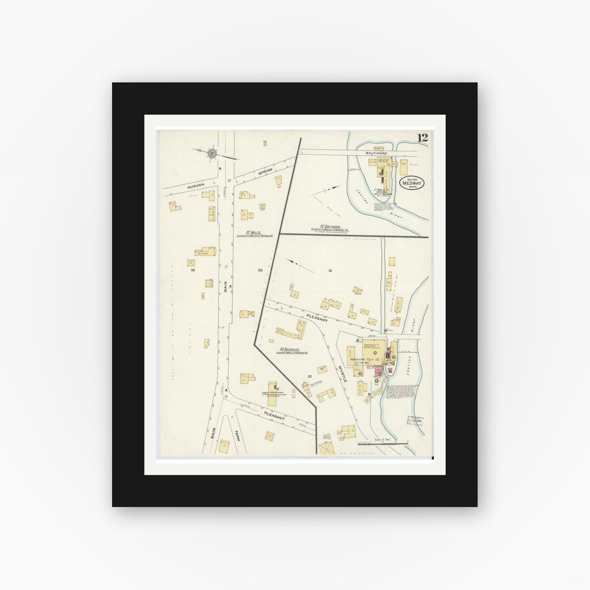 Old map wall art mockup — black gallery frame with white mat — Sanborn Fire Insurance Map from Medway, Norfolk County, Massachusetts (1910), Sheet #0012