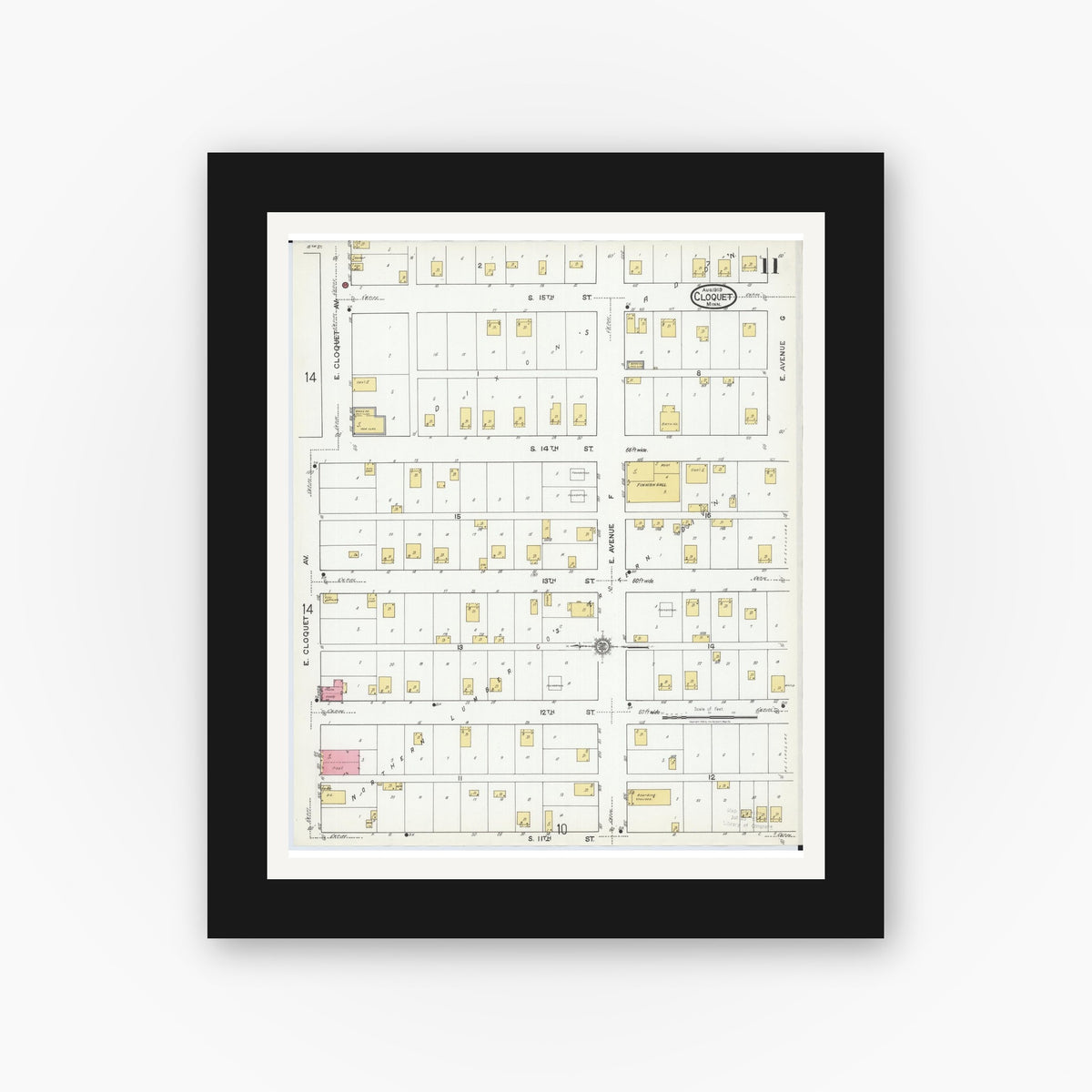 Old map wall art mockup — black gallery frame with white mat — Sanborn Fire Insurance Map from Cloquet, Carlton County, Minnesota (1919), Sheet #0011
