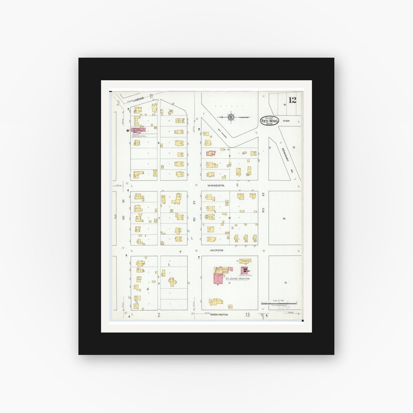 Old map wall art mockup — black gallery frame with white mat — Sanborn Fire Insurance Map from Red Wing, Goodhue County, Minnesota (1917), Sheet #0012