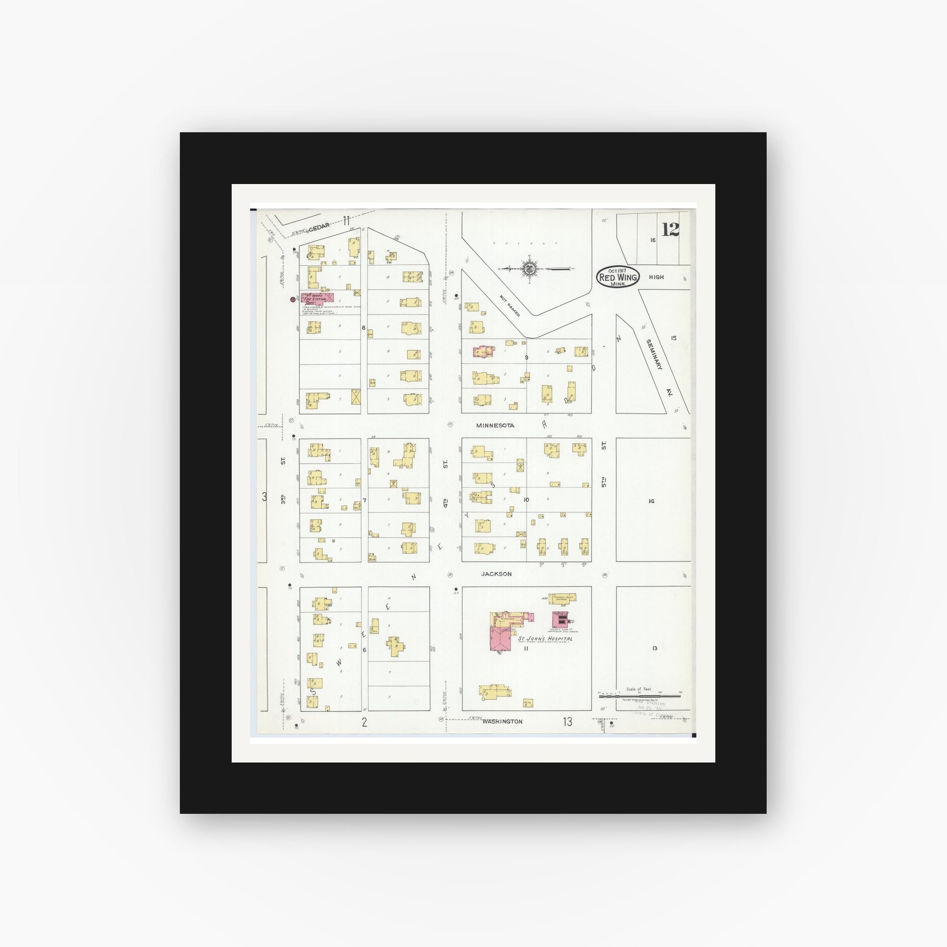 Old map wall art mockup — black gallery frame with white mat — Sanborn Fire Insurance Map from Red Wing, Goodhue County, Minnesota (1917), Sheet #0012