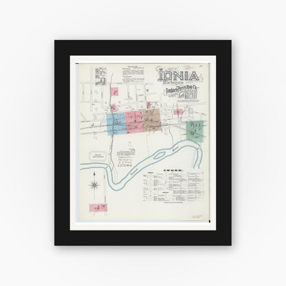 Old map wall art mockup — black gallery frame with white mat — Sanborn Fire Insurance Map from Ionia, Ionia County, Michigan (1890), Sheet #0001