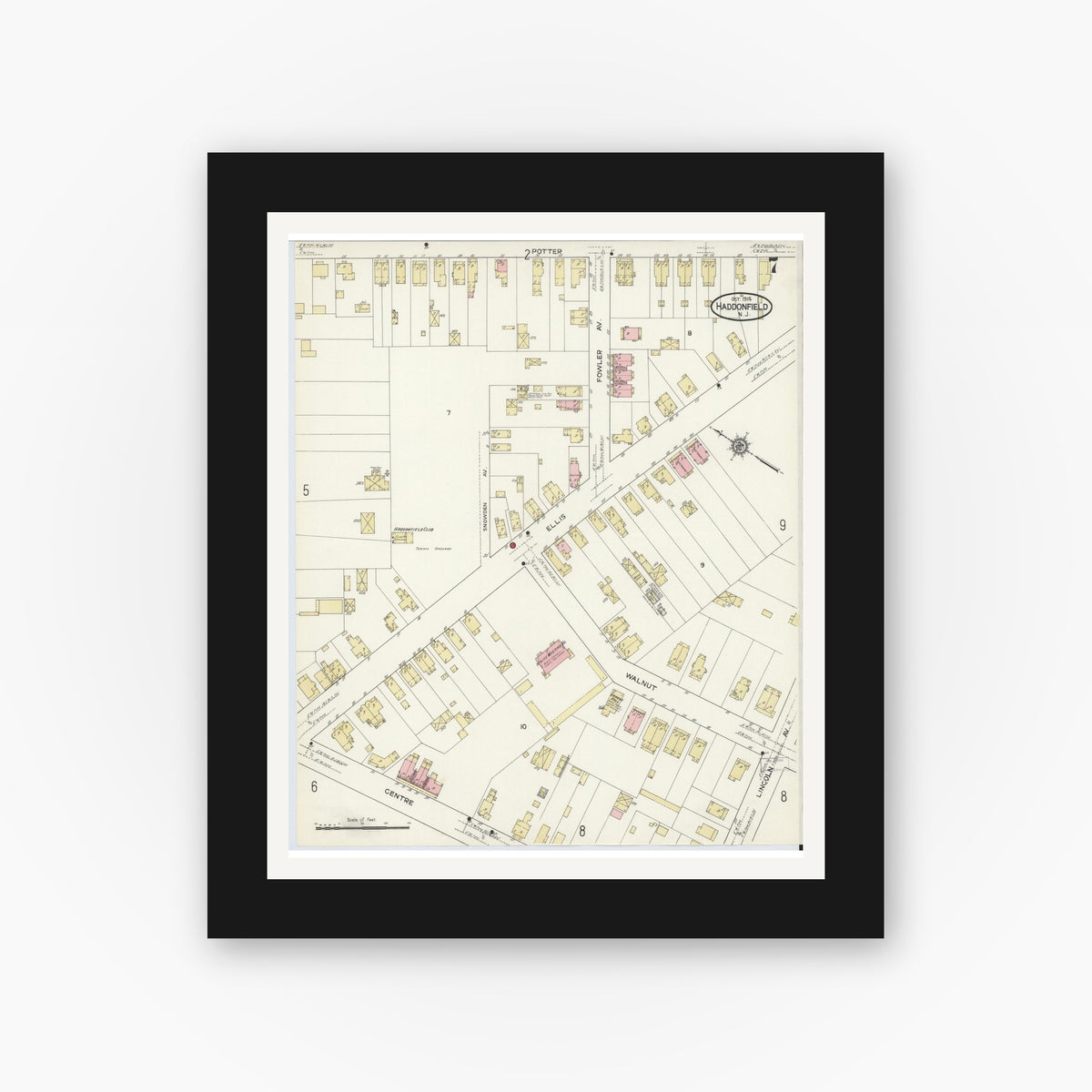 Old map wall art mockup — black gallery frame with white mat — Sanborn Fire Insurance Map from Haddonfield, Camden County, New Jersey (1914), Sheet #0007