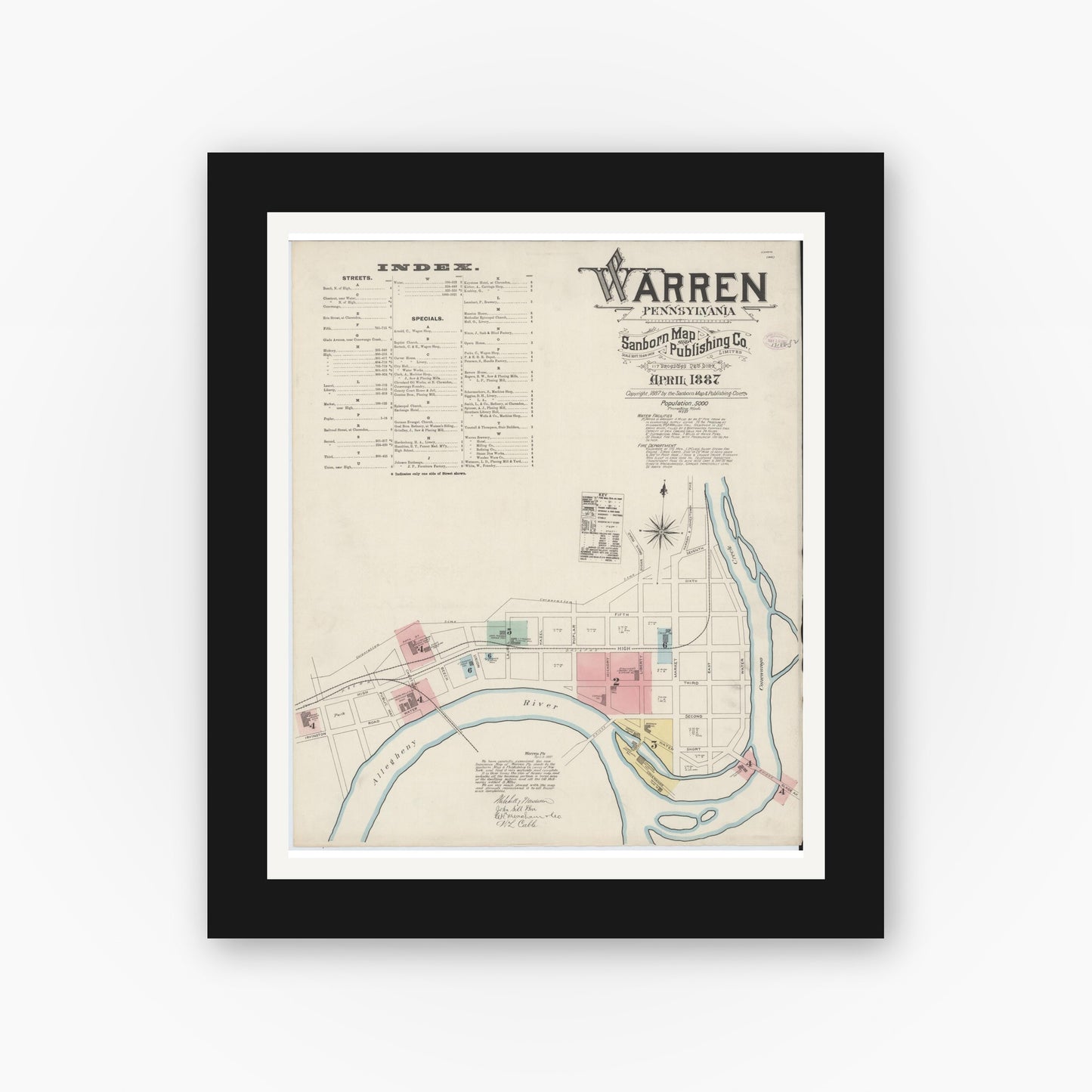 Old map wall art mockup — black gallery frame with white mat — Sanborn Fire Insurance Map from Warren, Warren County, Pennsylvania (1887), Sheet #0001