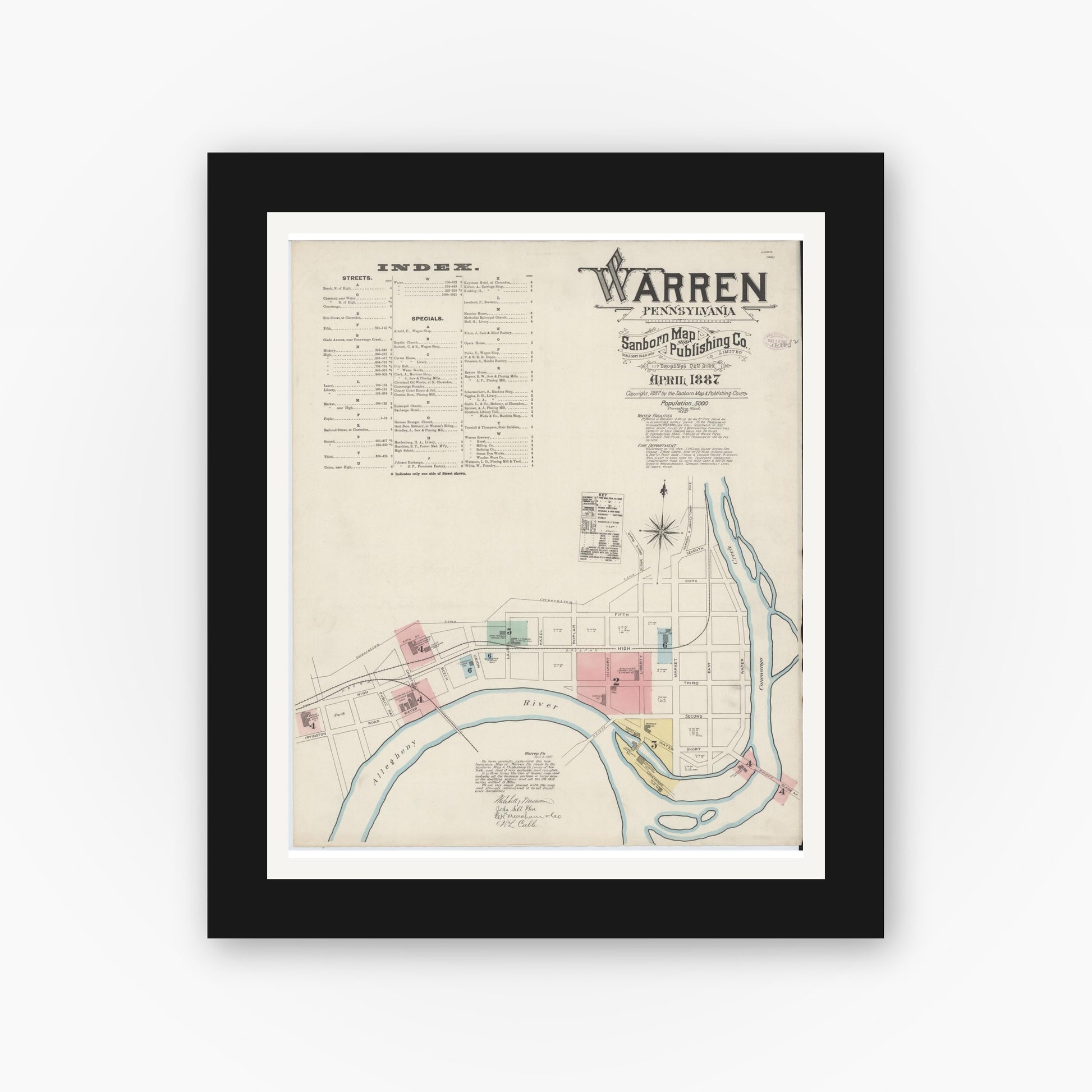 Old map wall art mockup — black gallery frame with white mat — Sanborn Fire Insurance Map from Warren, Warren County, Pennsylvania (1887), Sheet #0001