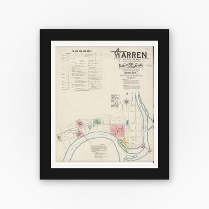 Old map wall art mockup — black gallery frame with white mat — Sanborn Fire Insurance Map from Warren, Warren County, Pennsylvania (1887), Sheet #0001