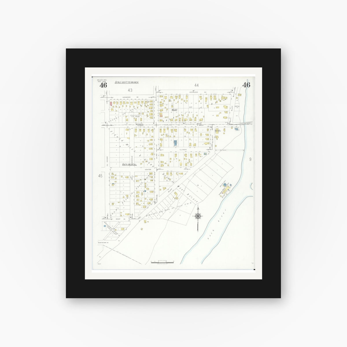 Old map wall art mockup — black gallery frame with white mat — Sanborn Fire Insurance Map from Beloit, Rock County, Wisconsin (1939), Sheet #0046