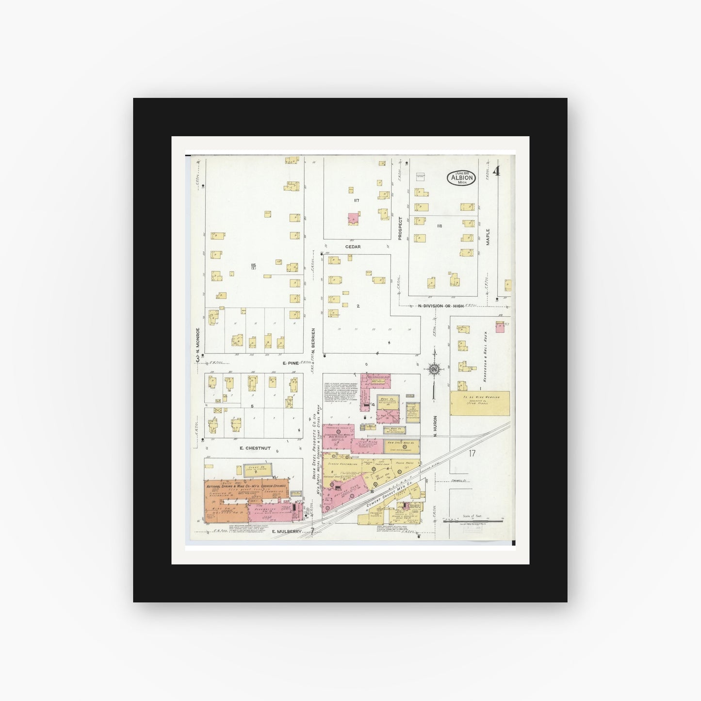 Old map wall art mockup — black gallery frame with white mat — Sanborn Fire Insurance Map from Albion, Calhoun County, Michigan (1918), Sheet #0004