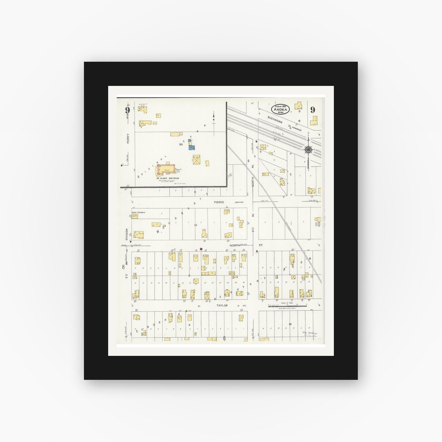Old map wall art mockup — black gallery frame with white mat — Sanborn Fire Insurance Map from Anoka, Anoka County, Minnesota (1925), Sheet #0009