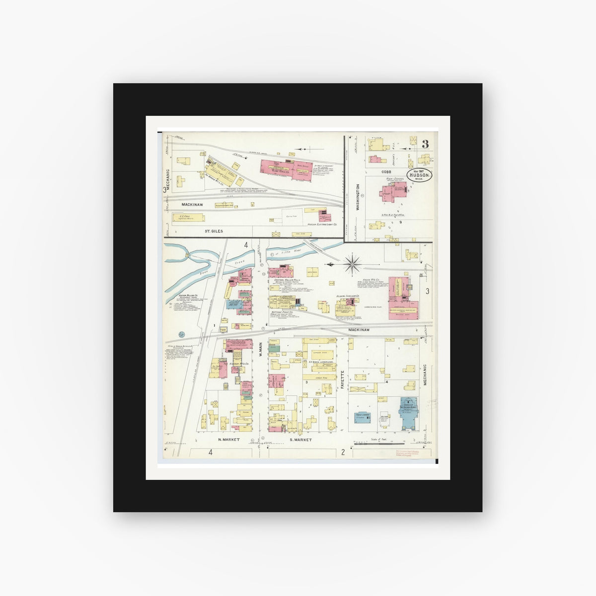 Old map wall art mockup — black gallery frame with white mat — Sanborn Fire Insurance Map from Hudson, Lenawee County, Michigan (1907), Sheet #0003