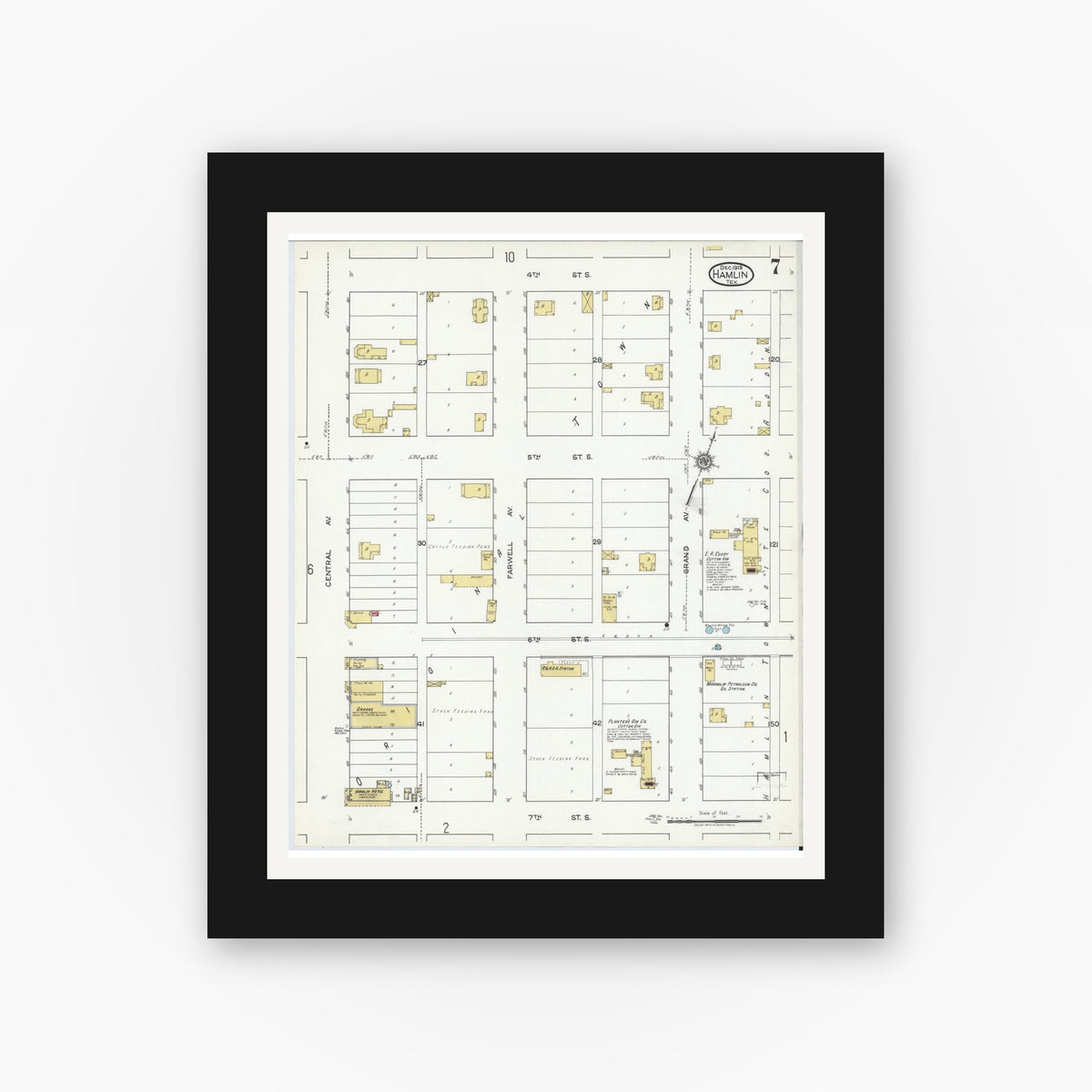 Old map wall art mockup — black gallery frame with white mat — Sanborn Fire Insurance Map from Hamlin, Jones County, Texas (1919), Sheet #0007