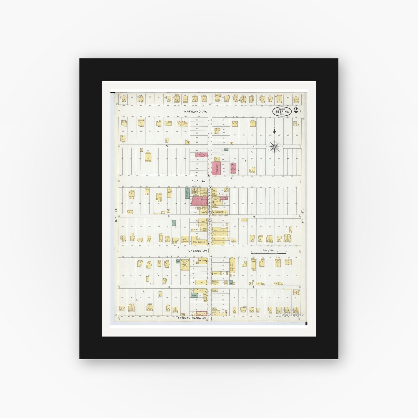 Old map wall art mockup — black gallery frame with white mat — Sanborn Fire Insurance Map from Sebring, Mahoning County, Ohio (1901), Sheet #0002