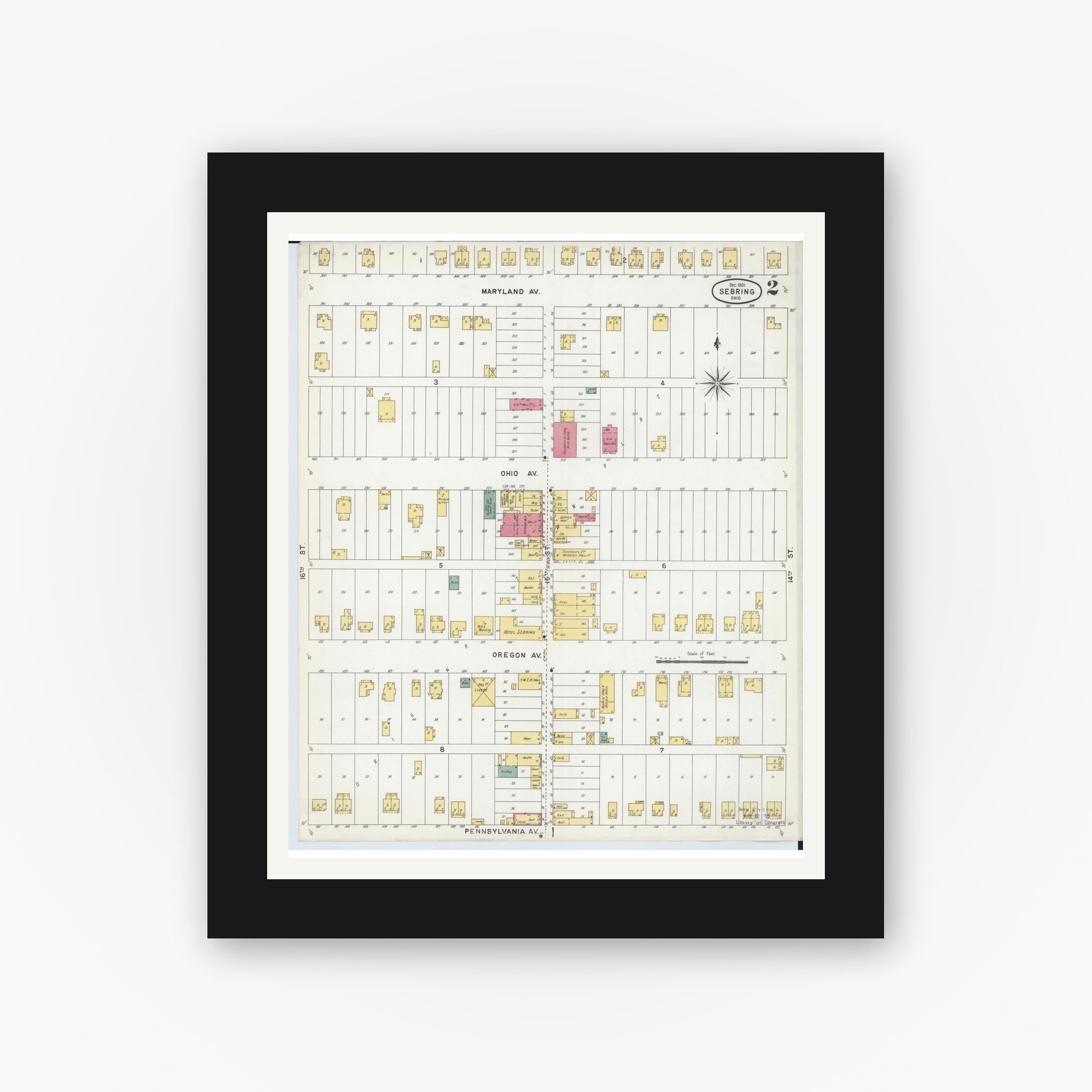 Old map wall art mockup — black gallery frame with white mat — Sanborn Fire Insurance Map from Sebring, Mahoning County, Ohio (1901), Sheet #0002