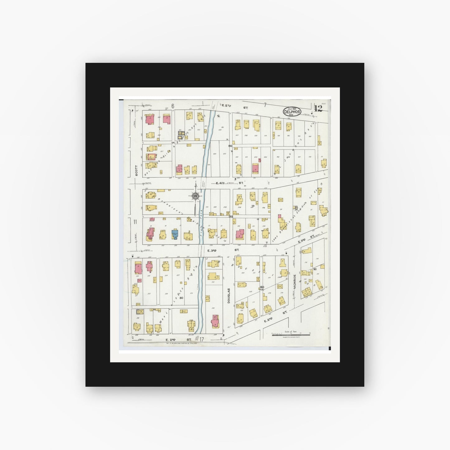 Old map wall art mockup — black gallery frame with white mat — Sanborn Fire Insurance Map from Delphos, Van Wert And Allen Counties, Ohio (1921), Sheet #0012