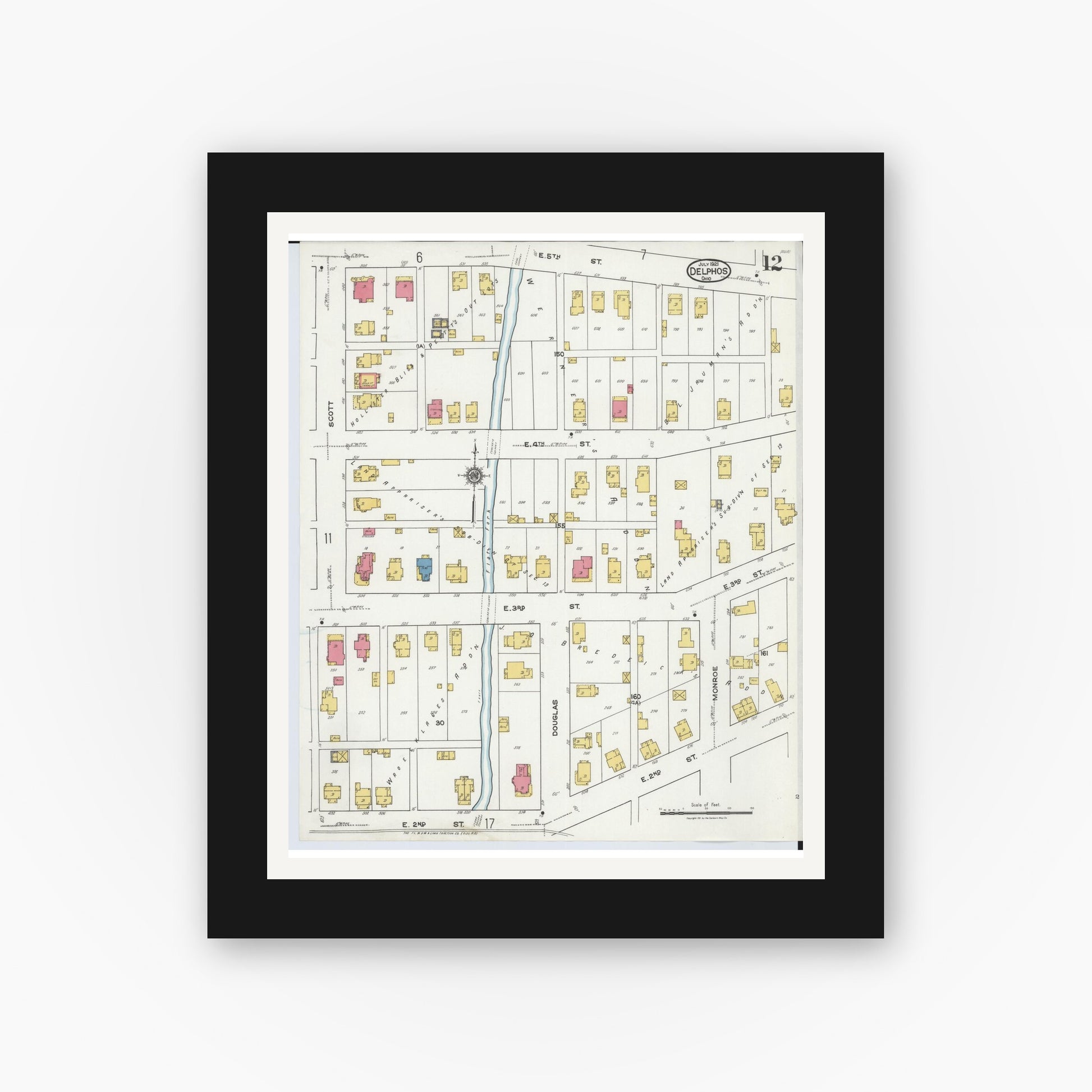 Old map wall art mockup — black gallery frame with white mat — Sanborn Fire Insurance Map from Delphos, Van Wert And Allen Counties, Ohio (1921), Sheet #0012