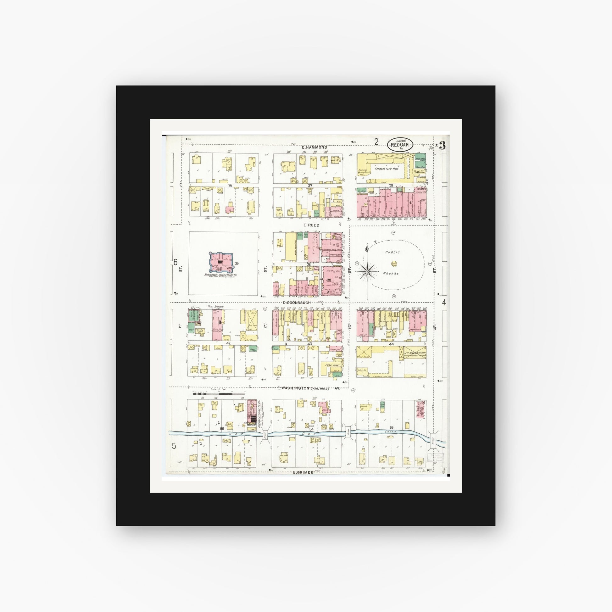 Old map wall art mockup — black gallery frame with white mat — Sanborn Fire Insurance Map from Red Oak, Montgomery County, Iowa (1899), Sheet #0003