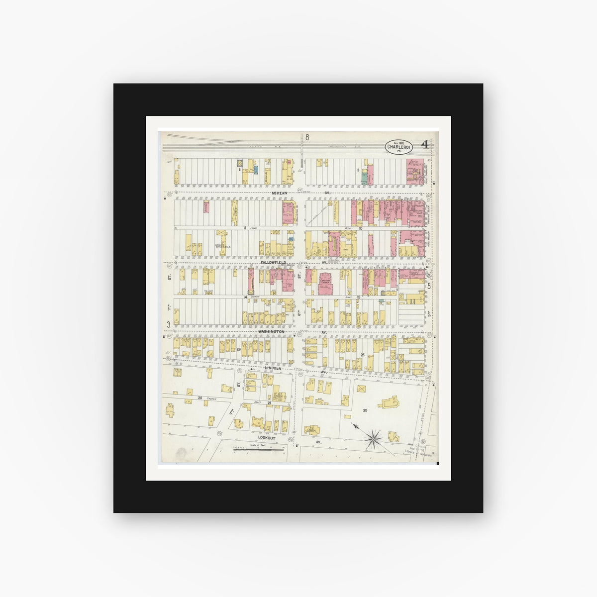Old map wall art mockup — black gallery frame with white mat — Sanborn Fire Insurance Map from Charleroi, Washington County, Pennsylvania (1902), Sheet #0004