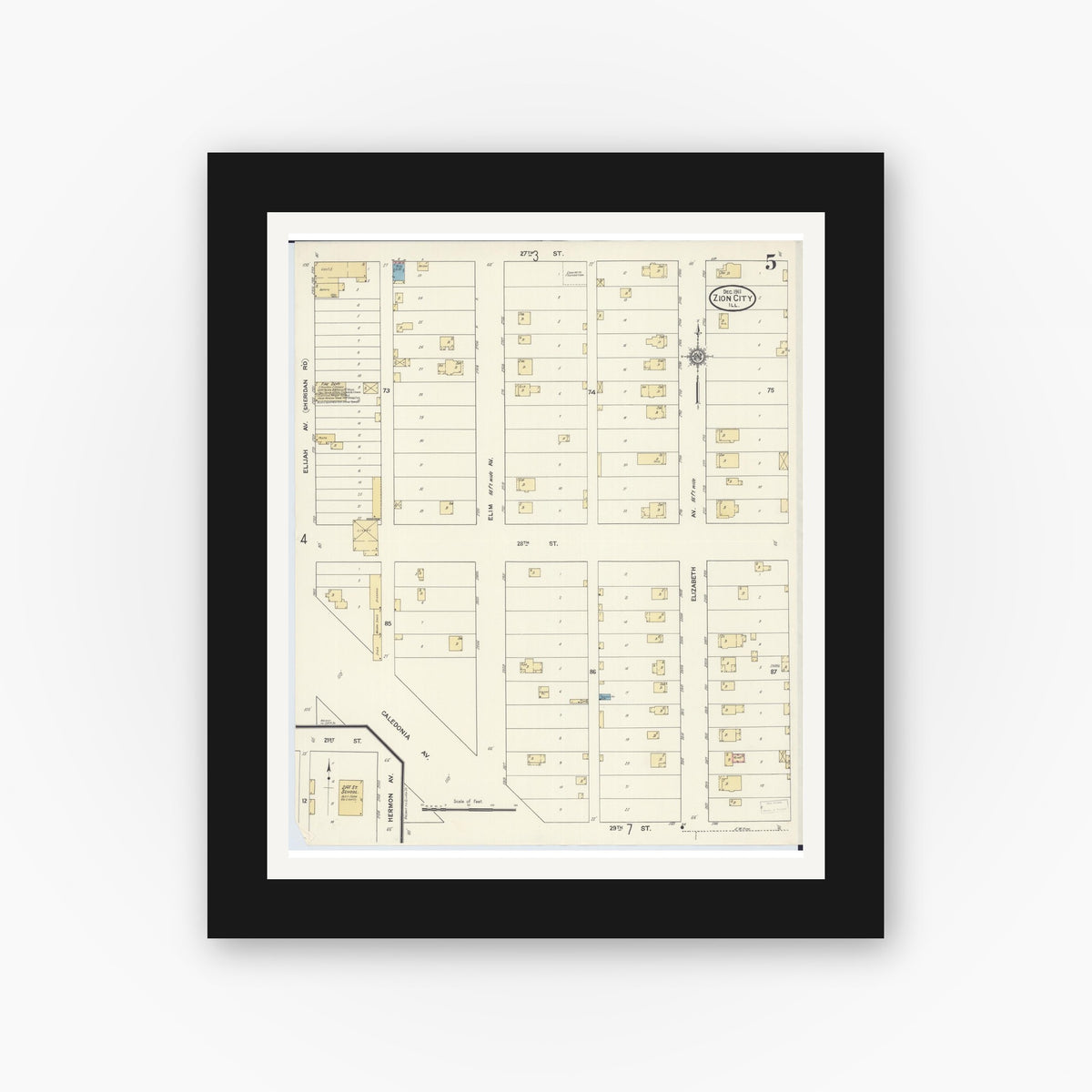 Old map wall art mockup — black gallery frame with white mat — Sanborn Fire Insurance Map from Zion, Lake County, Illinois (1911), Sheet #0005