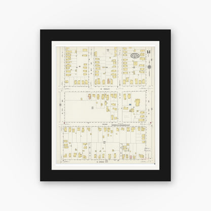 Old map wall art mockup — black gallery frame with white mat — Sanborn Fire Insurance Map from Olean, Cattaraugus County, New York (1915), Sheet #0014