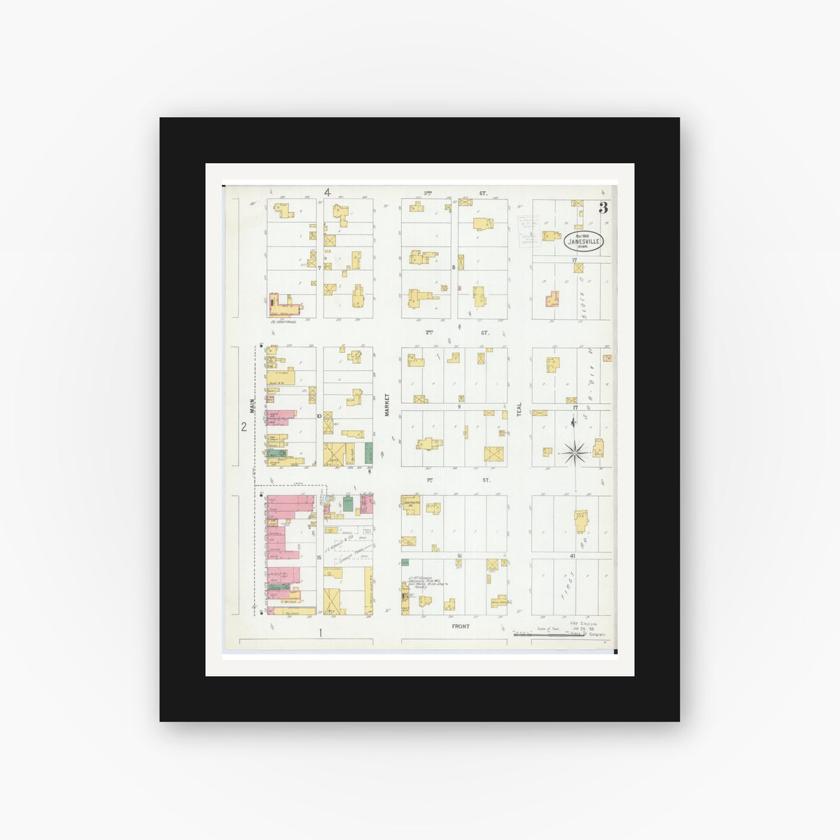 Old map wall art mockup — black gallery frame with white mat — Sanborn Fire Insurance Map from Janesville, Waseca County, Minnesota (1900), Sheet #0003