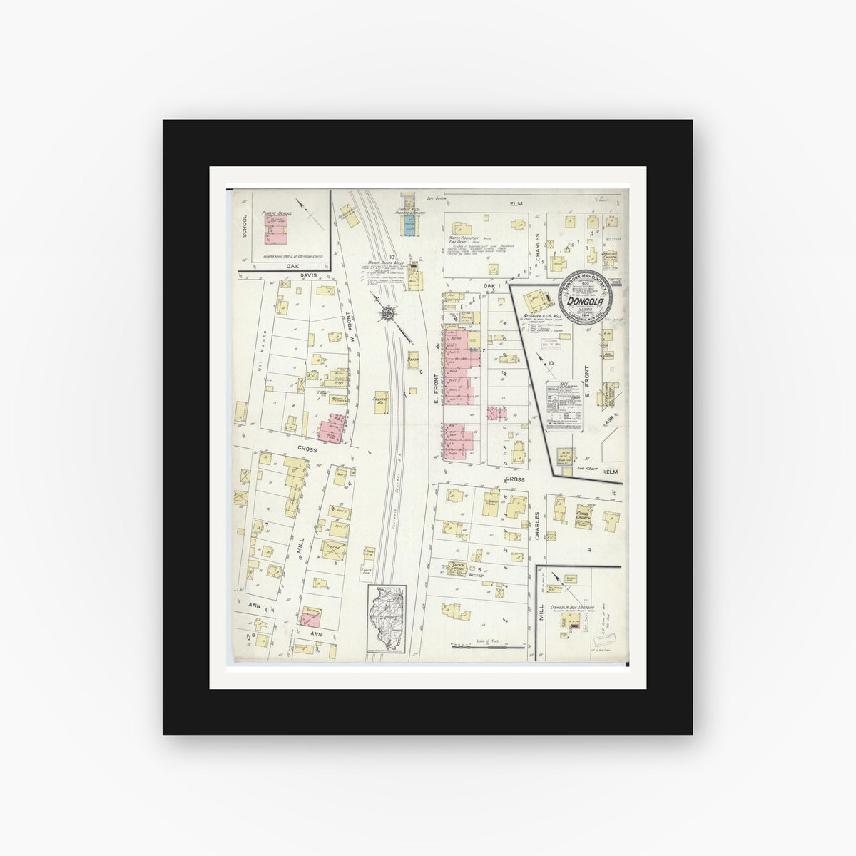 Old map wall art mockup — black gallery frame with white mat — Sanborn Fire Insurance Map from Dongola, Union County, Illinois (1914), Sheet #0001