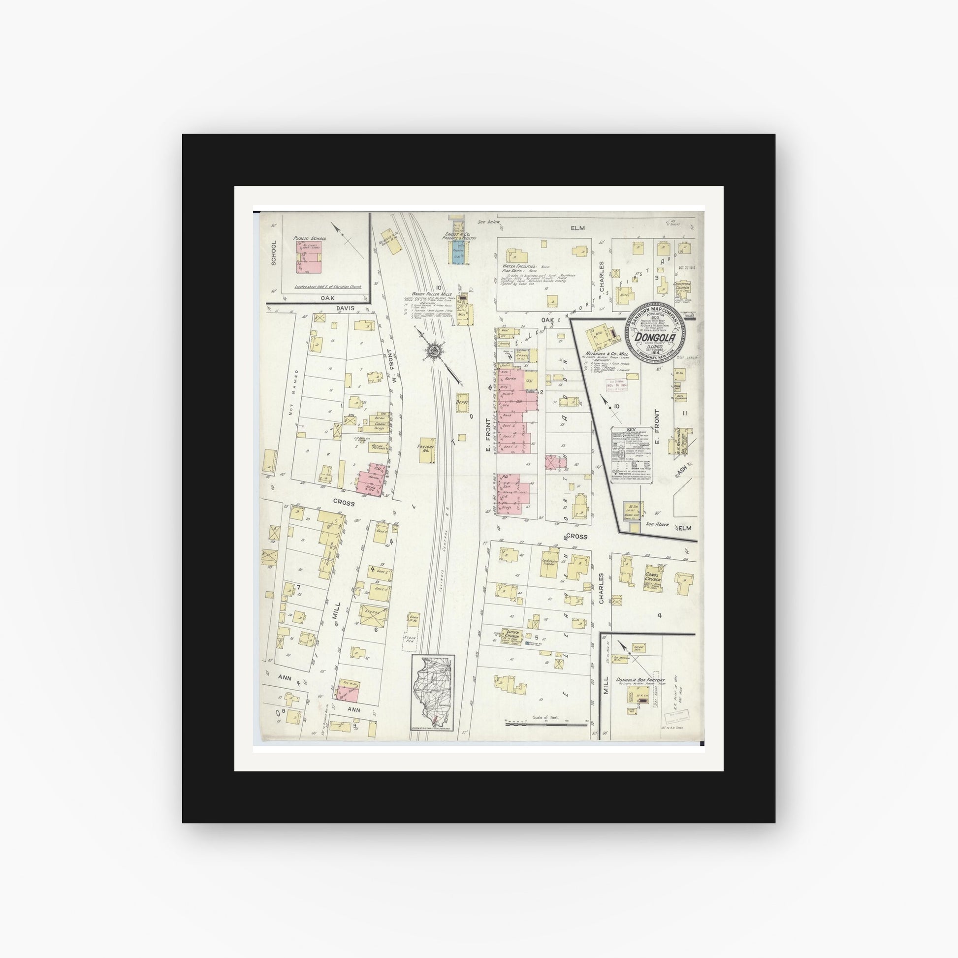 Old map wall art mockup — black gallery frame with white mat — Sanborn Fire Insurance Map from Dongola, Union County, Illinois (1914), Sheet #0001