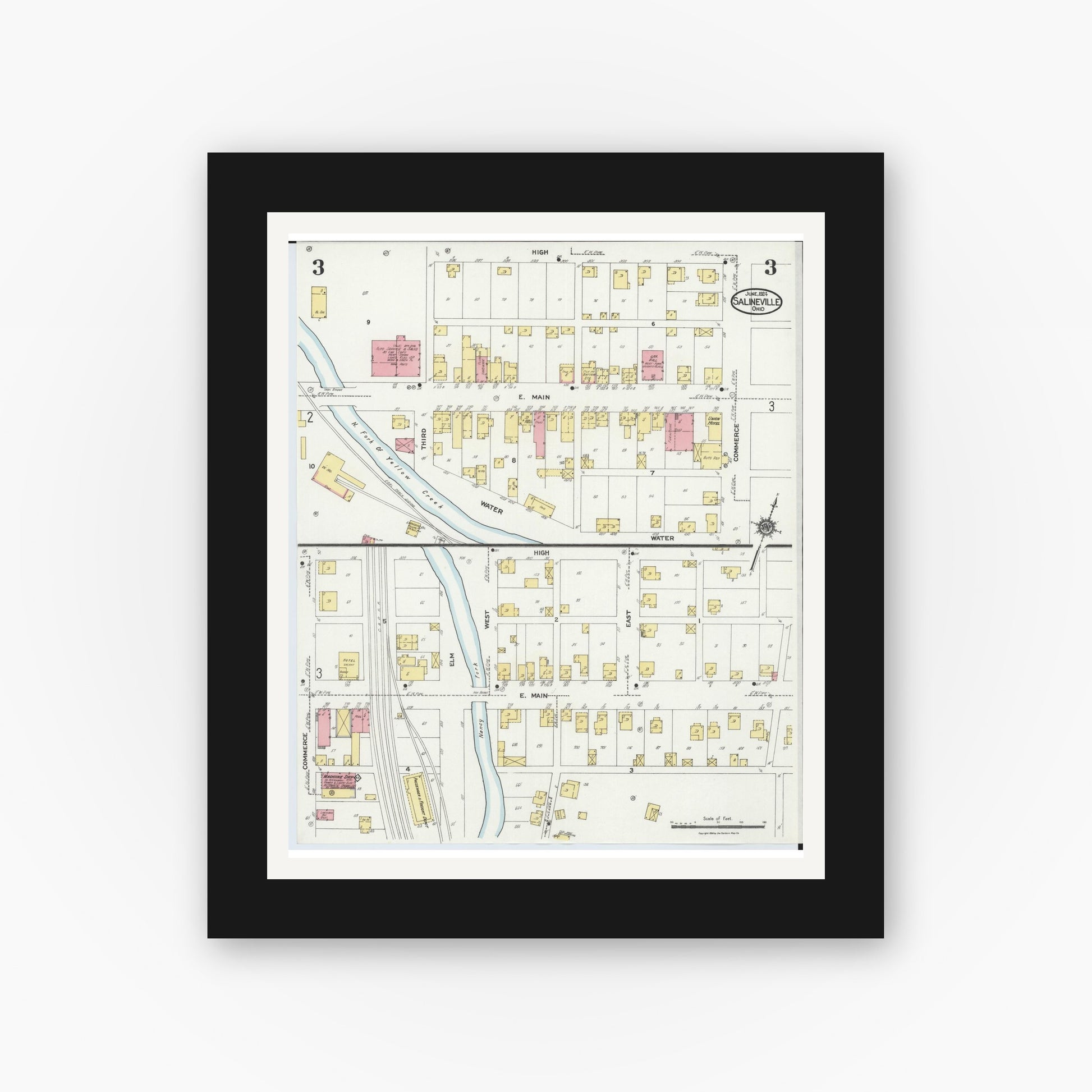 Old map wall art mockup — black gallery frame with white mat — Sanborn Fire Insurance Map from Salineville, Columbiana County, Ohio (1924), Sheet #0003