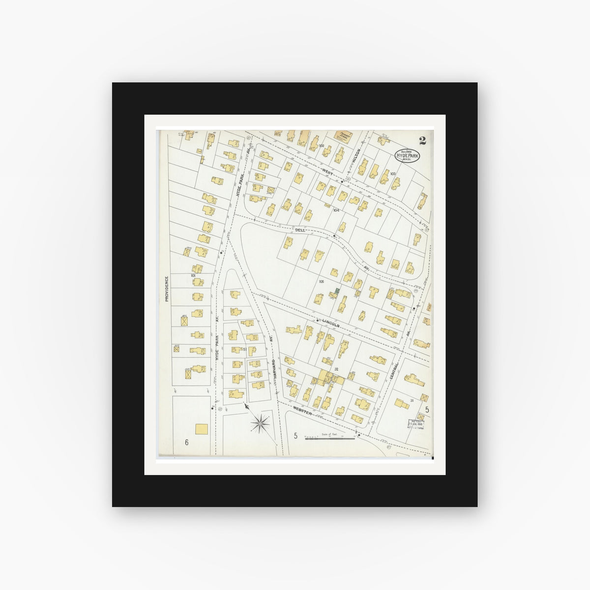 Old map wall art mockup — black gallery frame with white mat — Sanborn Fire Insurance Map from Hyde Park, Norfolk County, Massachusetts (1900), Sheet #0002
