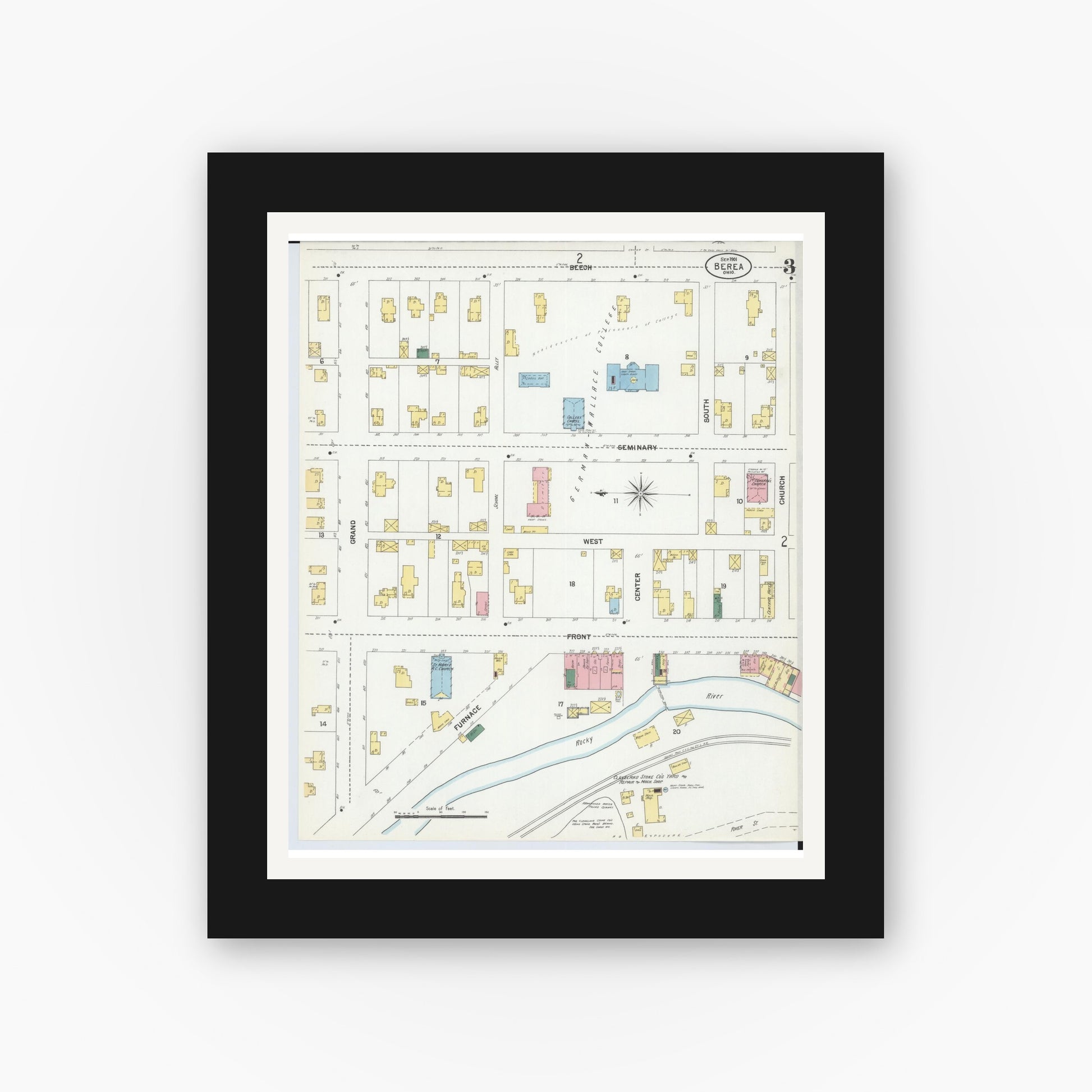 Old map wall art mockup — black gallery frame with white mat — Sanborn Fire Insurance Map from Berea, Cuyahoga County, Ohio (1901), Sheet #0003