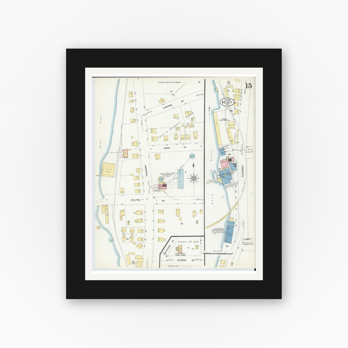 Old map wall art mockup — black gallery frame with white mat — Sanborn Fire Insurance Map from Beloit, Rock County, Wisconsin (1908), Sheet #0015