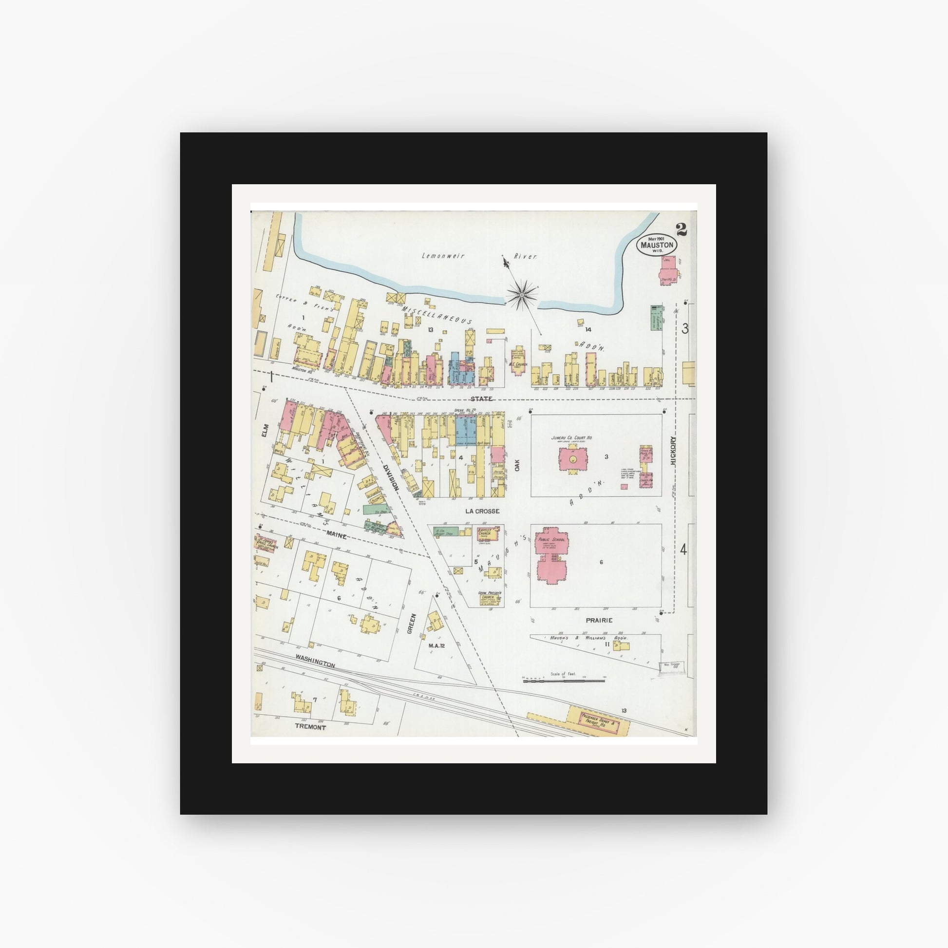 Old map wall art mockup — black gallery frame with white mat — Sanborn Fire Insurance Map from Mauston, Juneau County, Wisconsin (1901), Sheet #0002