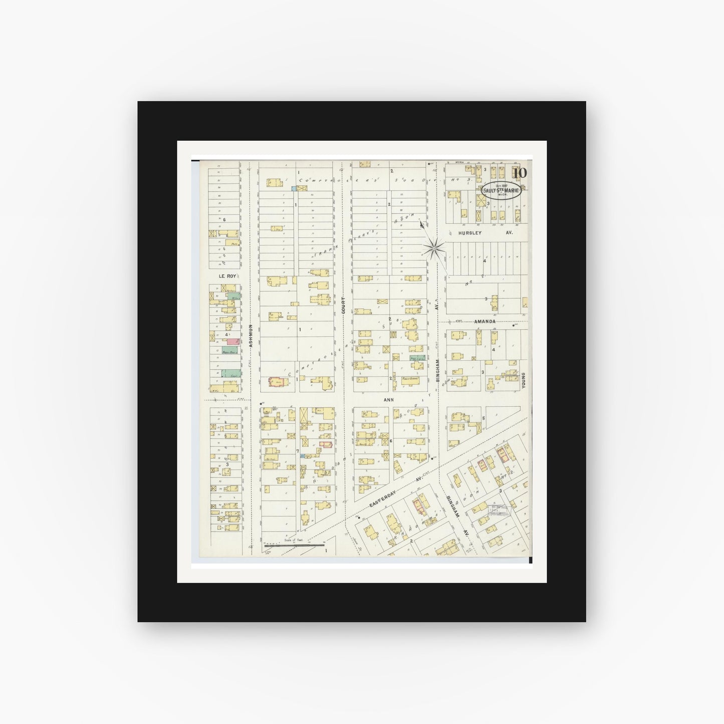 Old map wall art mockup — black gallery frame with white mat — Sanborn Fire Insurance Map from Sault Sainte Marie, Chippewa County, Michigan (1897), Sheet #0010