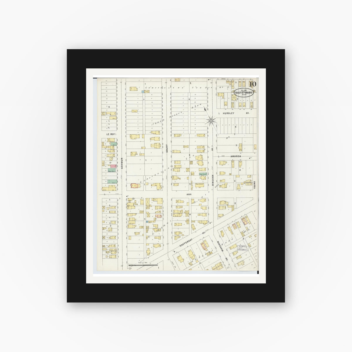 Old map wall art mockup — black gallery frame with white mat — Sanborn Fire Insurance Map from Sault Sainte Marie, Chippewa County, Michigan (1897), Sheet #0010