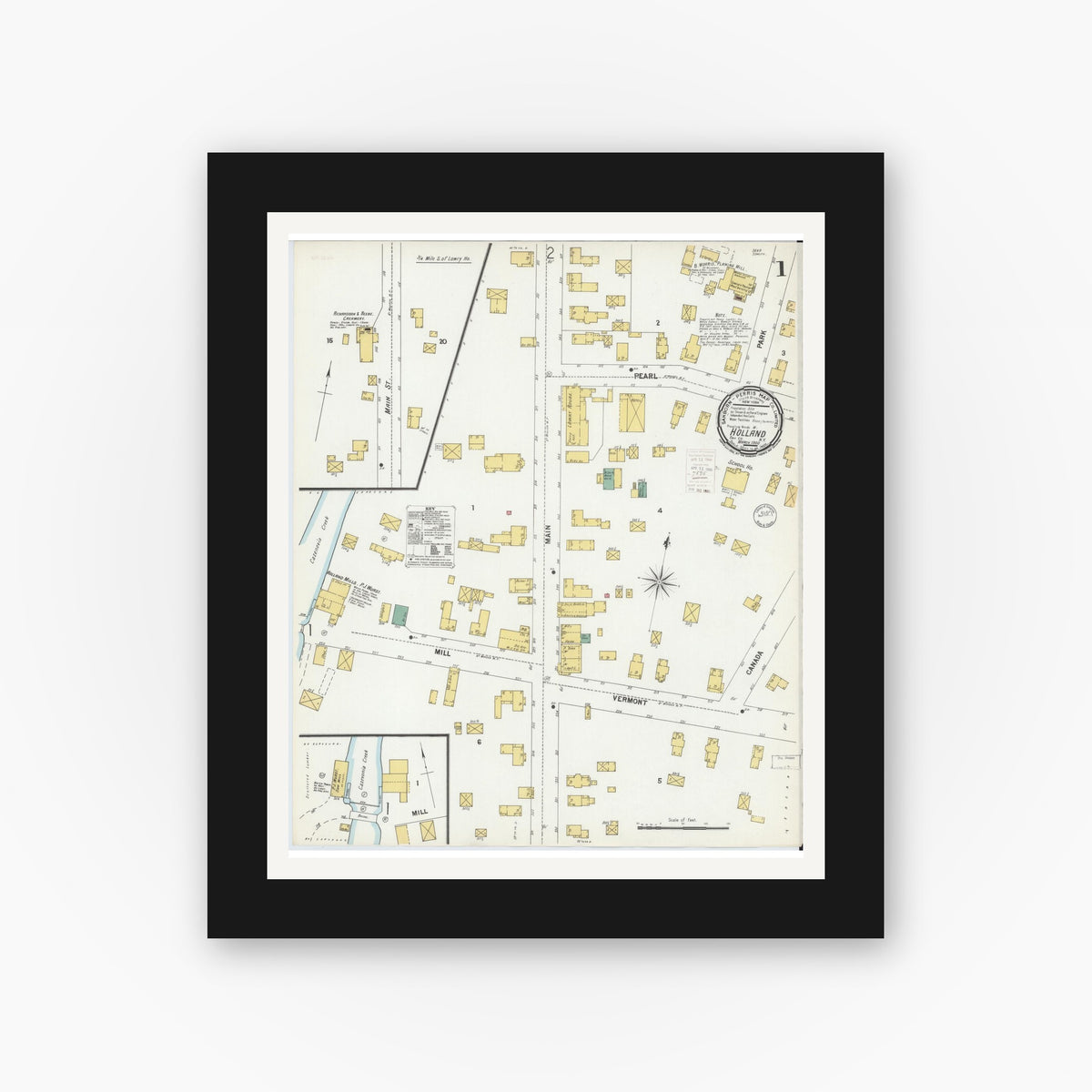 Old map wall art mockup — black gallery frame with white mat — Sanborn Fire Insurance Map from Holland, Erie County, New York (1900), Sheet #0001