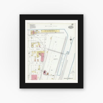 Old map wall art mockup — black gallery frame with white mat — Sanborn Fire Insurance Map from Manitowoc, Manitowoc County, Wisconsin (1919), Sheet #0017