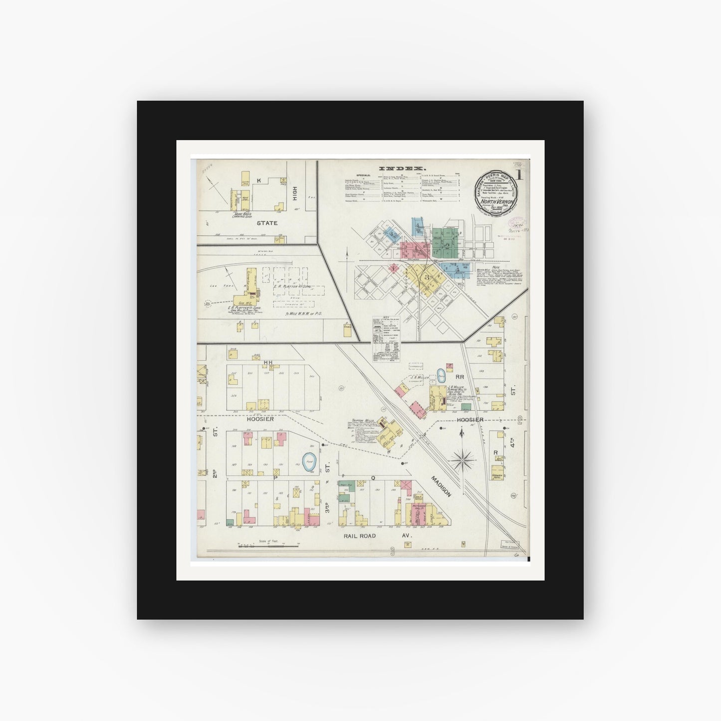 Old map wall art mockup — black gallery frame with white mat — Sanborn Fire Insurance Map from North Vernon, Jennings County, Indiana (1893) - Complete Map Set