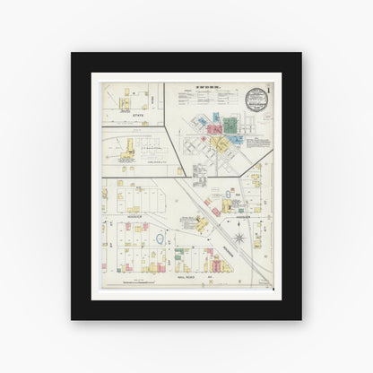 Old map wall art mockup — black gallery frame with white mat — Sanborn Fire Insurance Map from North Vernon, Jennings County, Indiana (1893) - Complete Map Set