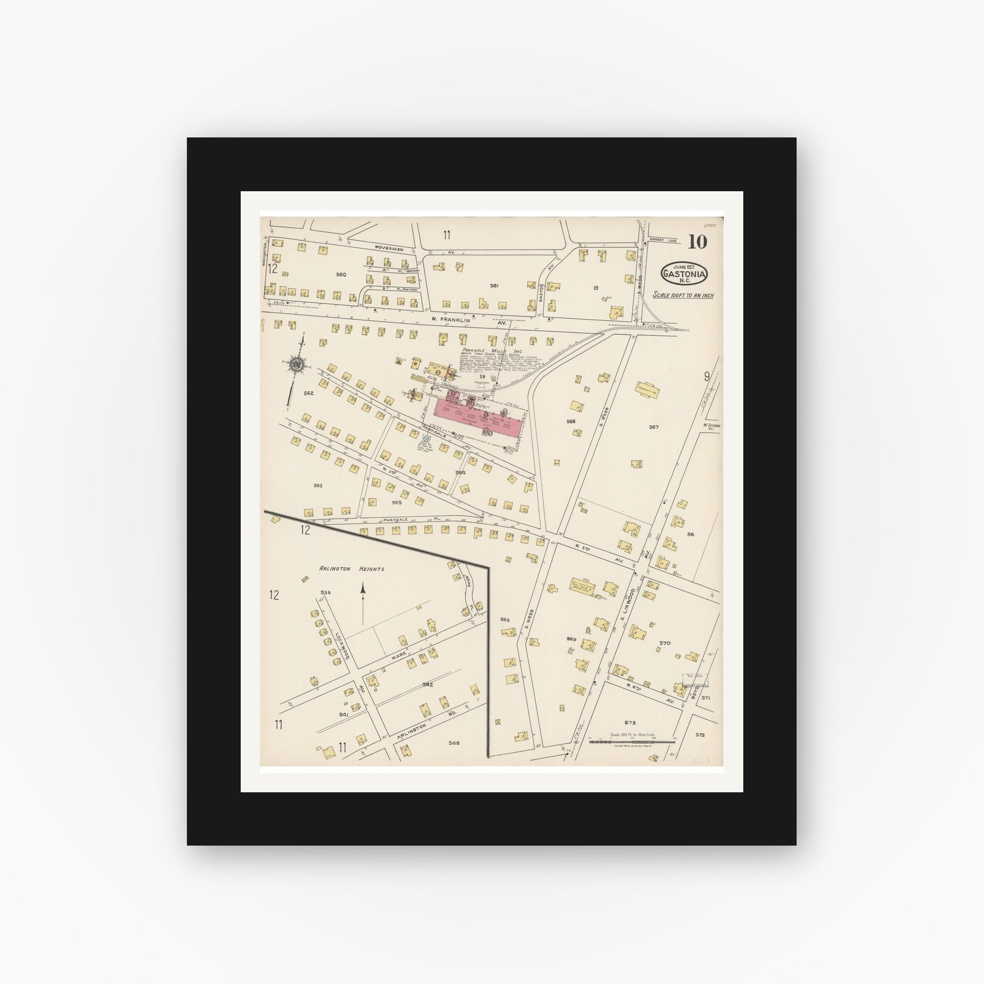 Old map wall art mockup — black gallery frame with white mat — Sanborn Fire Insurance Map from Gastonia, Gaston County, North Carolina (1922), Sheet #0010