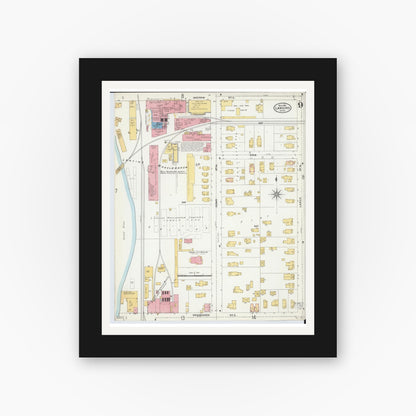 Old map wall art mockup — black gallery frame with white mat — Sanborn Fire Insurance Map from Lansing, Ingham County, Michigan (1906), Sheet #0009