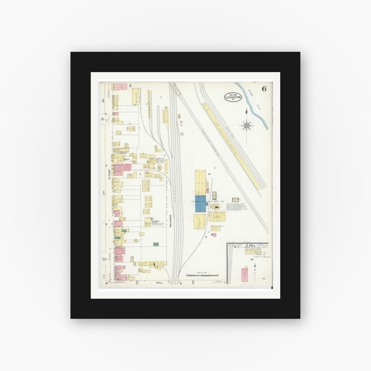Old map wall art mockup — black gallery frame with white mat — Sanborn Fire Insurance Map from Lehighton, Carbon County, Pennsylvania (1908), Sheet #0006