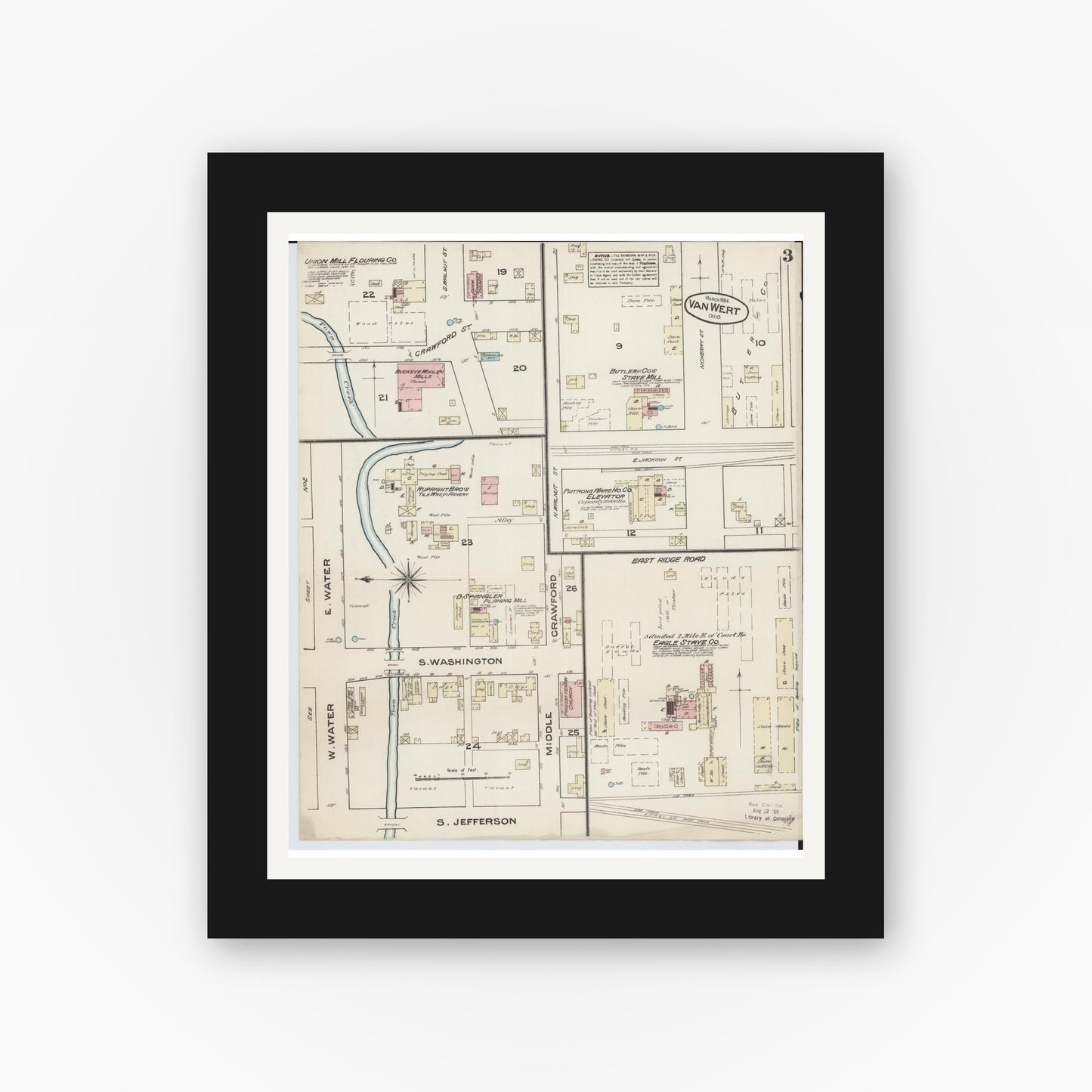 Old map wall art mockup — black gallery frame with white mat — Sanborn Fire Insurance Map from Van Wert, Van Wert County, Ohio (1884), Sheet #0003