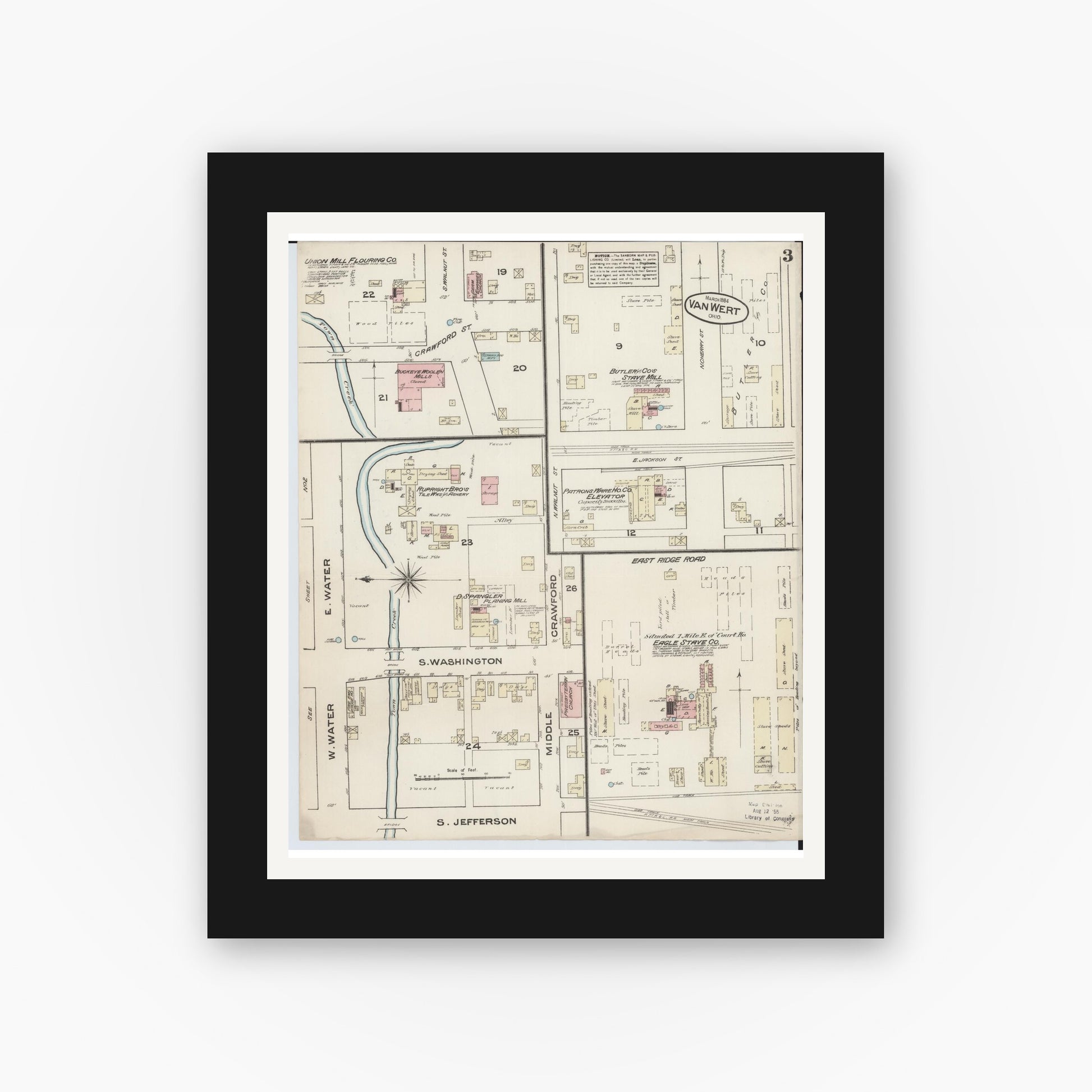 Old map wall art mockup — black gallery frame with white mat — Sanborn Fire Insurance Map from Van Wert, Van Wert County, Ohio (1884), Sheet #0003