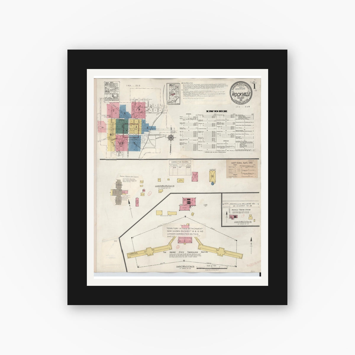 Old map wall art mockup — black gallery frame with white mat — Sanborn Fire Insurance Map from Rockville, Parke County, Indiana (1932) - Complete Map Set