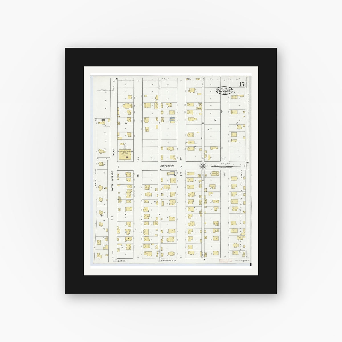Old map wall art mockup — black gallery frame with white mat — Sanborn Fire Insurance Map from Red Jacket, Houghton County, Michigan (1917), Sheet #0017