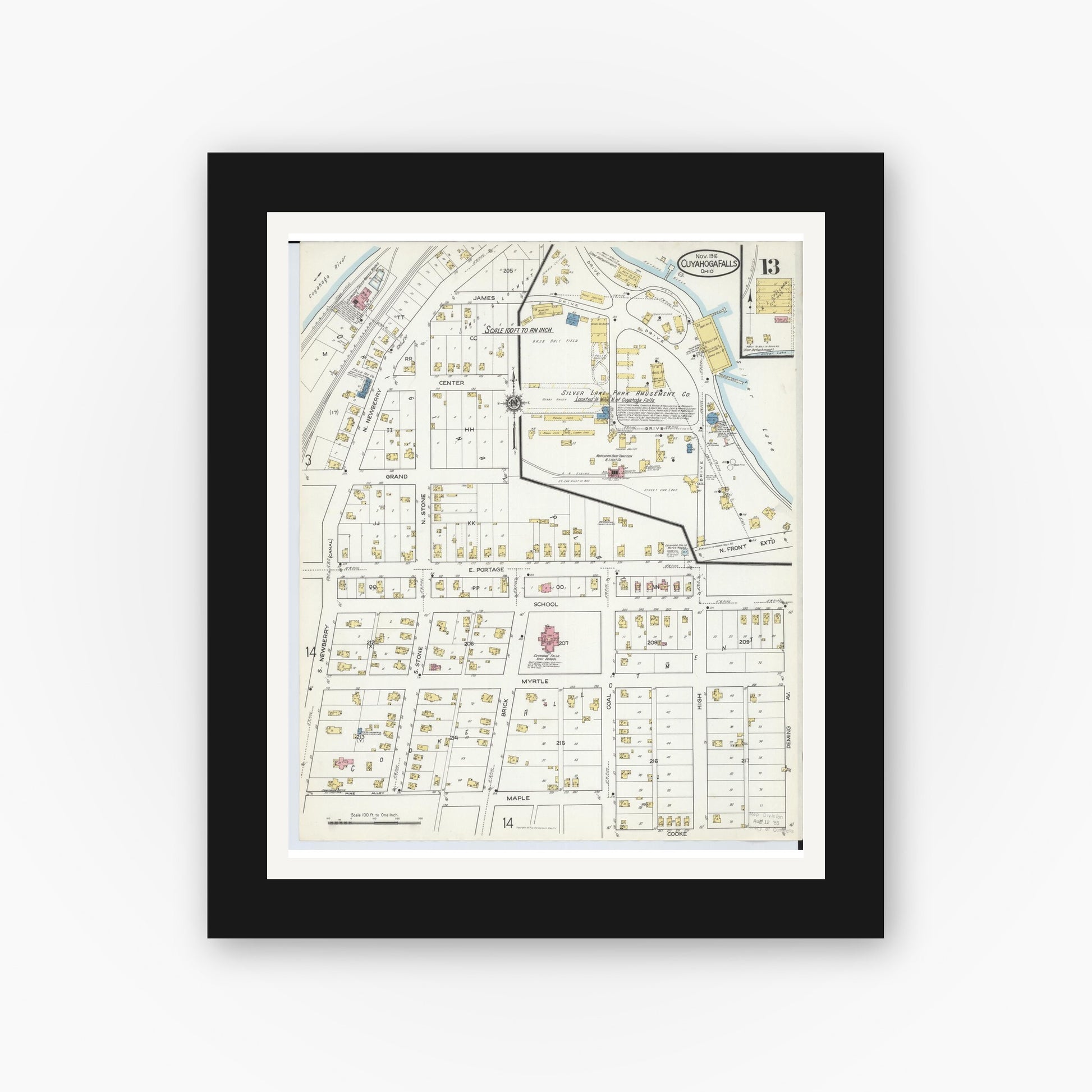 Old map wall art mockup — black gallery frame with white mat — Sanborn Fire Insurance Map from Cuyahoga Falls, Summit County, Ohio (1916), Sheet #0013
