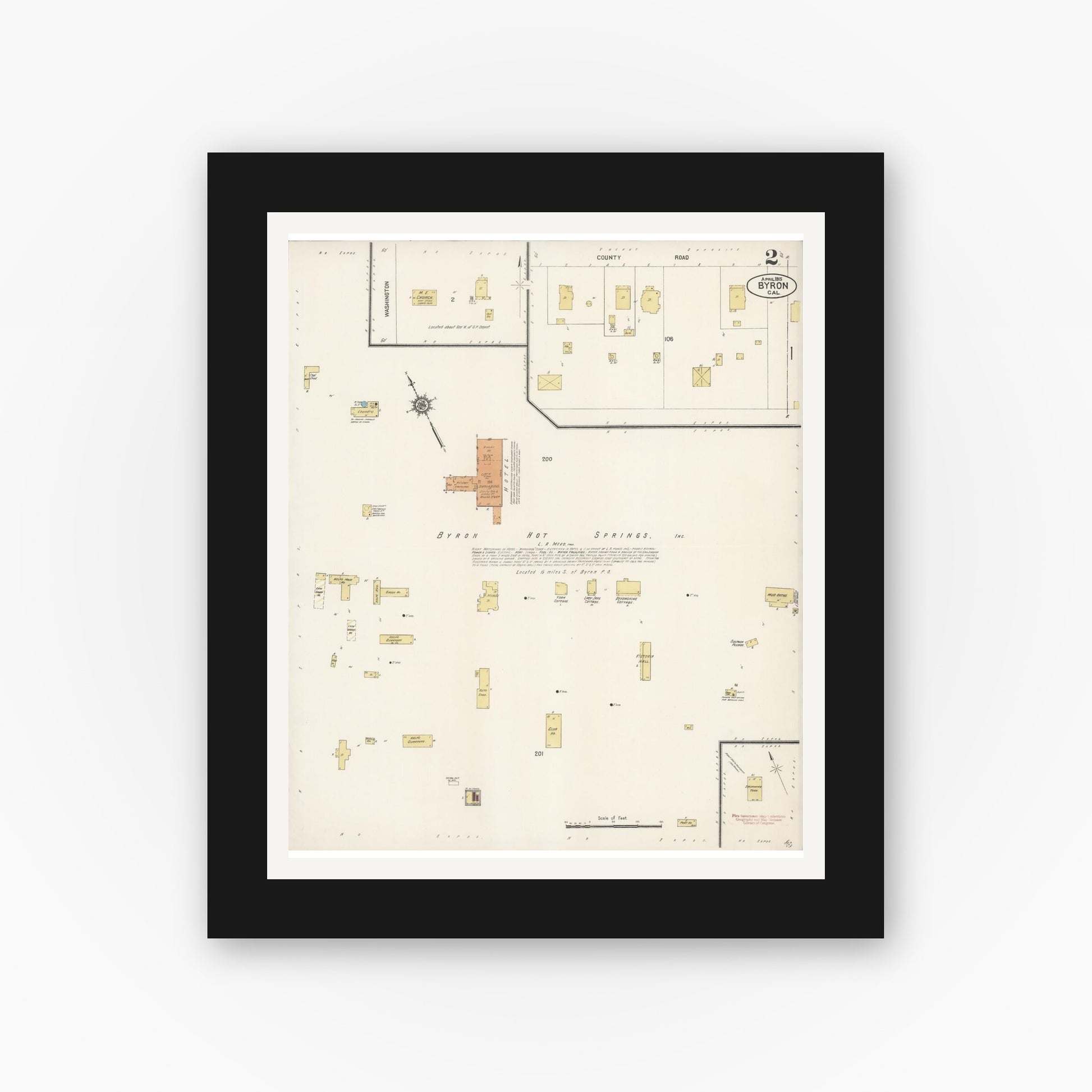 Old map wall art mockup — black gallery frame with white mat — Sanborn Fire Insurance Map from Byron, Contra Costa County, California (1915), Sheet #0002